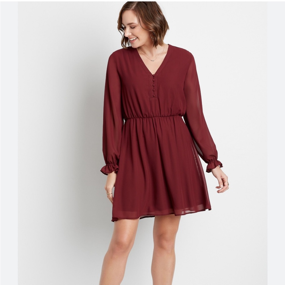 Maurices Burgundy Long-Sleeve V-Neck Fit-and-Flare Dress